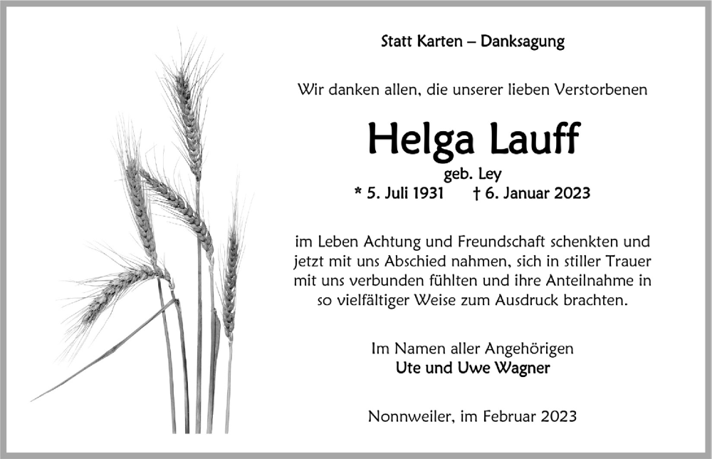  Traueranzeige für Helga Lauff vom 24.02.2023 aus  Lokalanzeiger 