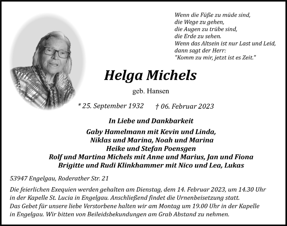  Traueranzeige für Helga Michels vom 11.02.2023 aus  Blickpunkt Euskirchen 
