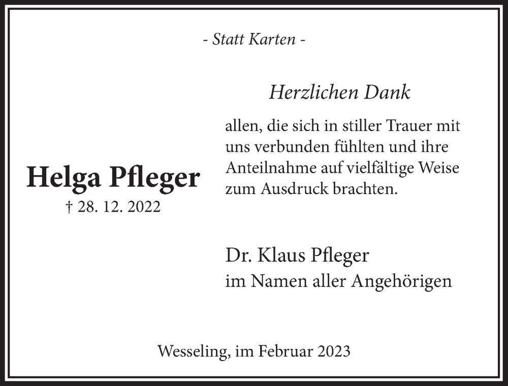  Traueranzeige für Helga Pfleger vom 03.02.2023 aus  Schlossbote/Werbekurier 