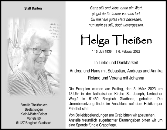 Anzeige von Helga Theißen von Kölner Stadt-Anzeiger / Kölnische Rundschau / Express