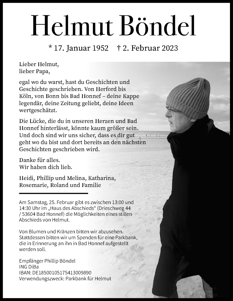  Traueranzeige für Helmut Böndel vom 11.02.2023 aus Kölner Stadt-Anzeiger / Kölnische Rundschau / Express