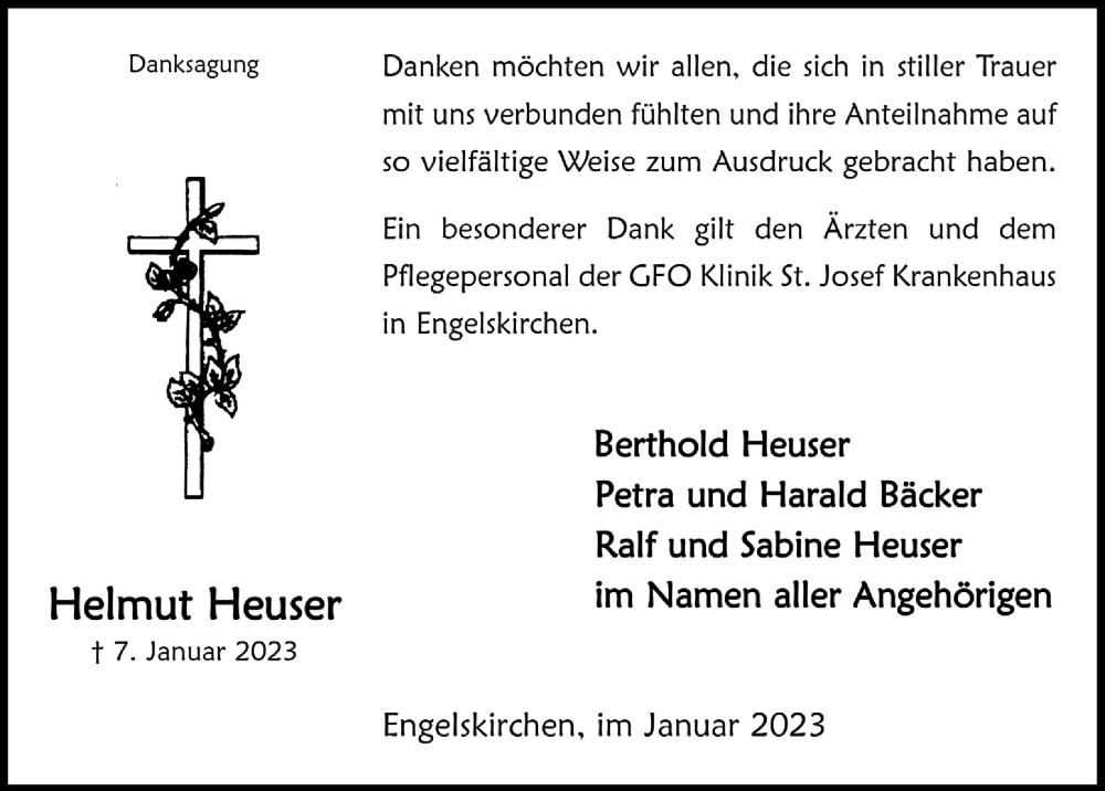  Traueranzeige für Helmut Heuser vom 03.02.2023 aus  Anzeigen Echo 