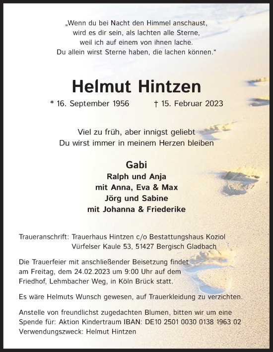 Anzeige von Helmut Hintzen von Kölner Stadt-Anzeiger / Kölnische Rundschau / Express
