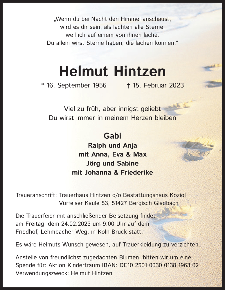  Traueranzeige für Helmut Hintzen vom 22.02.2023 aus Kölner Stadt-Anzeiger / Kölnische Rundschau / Express