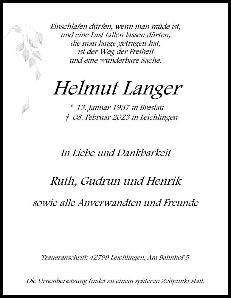  Traueranzeige für Helmut Langer vom 18.02.2023 aus Kölner Stadt-Anzeiger / Kölnische Rundschau / Express