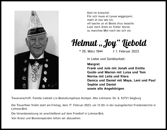 Anzeige von Helmut Liebold von Kölner Stadt-Anzeiger / Kölnische Rundschau / Express