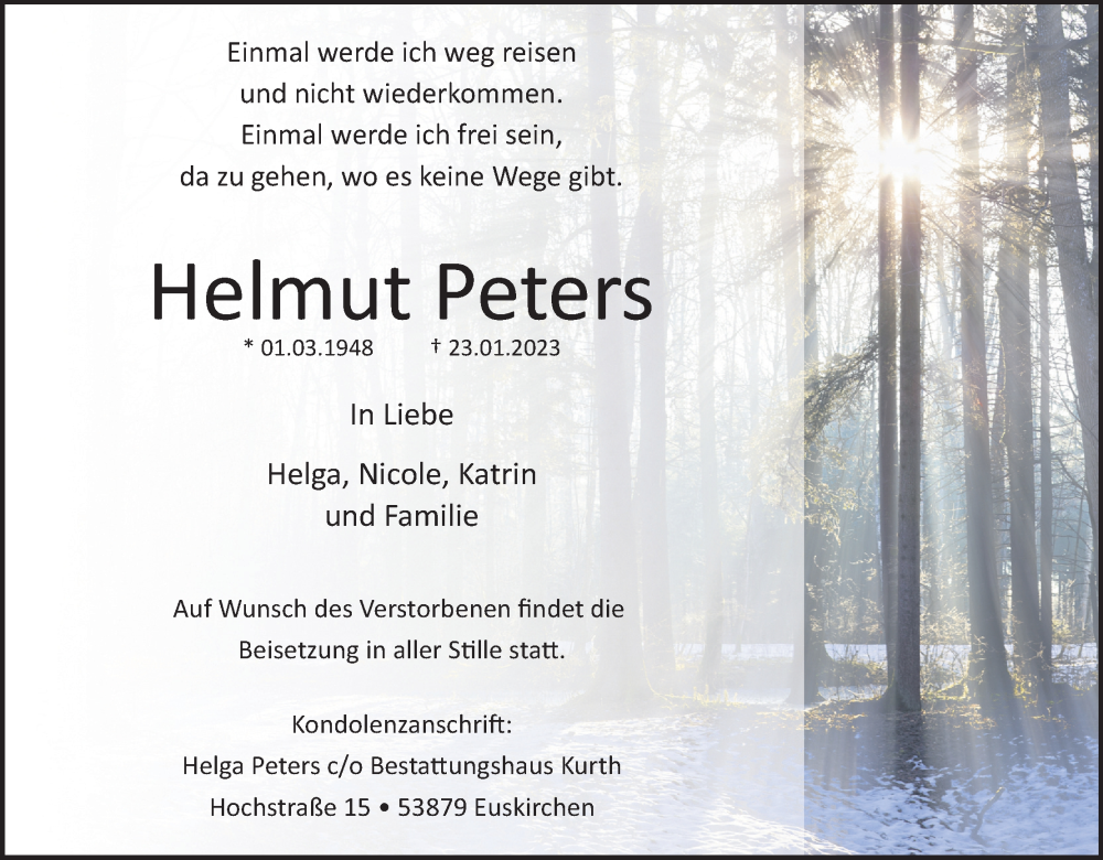  Traueranzeige für Helmut Peters vom 04.02.2023 aus Kölner Stadt-Anzeiger / Kölnische Rundschau / Express