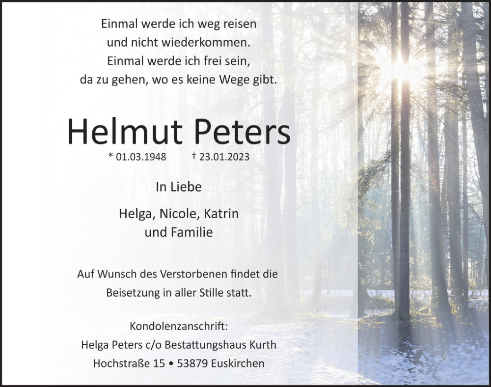  Traueranzeige für Helmut Peters vom 04.02.2023 aus  Blickpunkt Euskirchen 