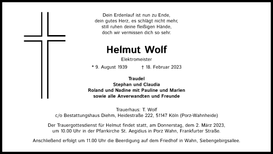 Anzeige von Helmut Wolf von Kölner Stadt-Anzeiger / Kölnische Rundschau / Express