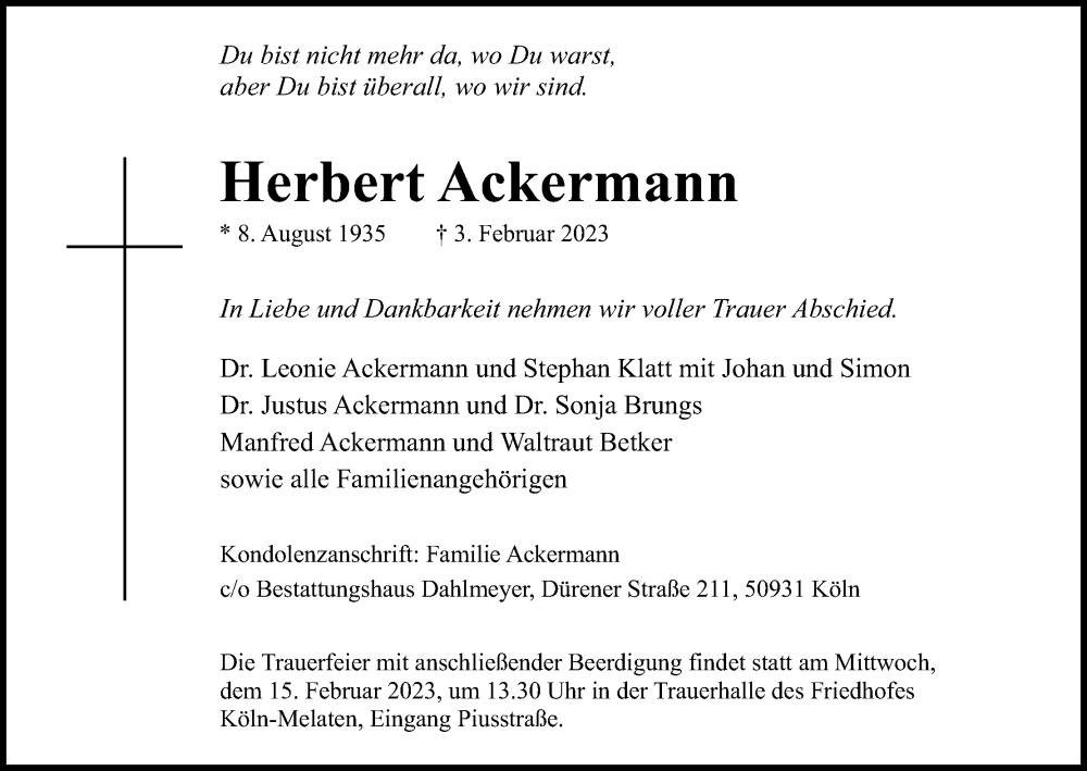  Traueranzeige für Herbert Ackermann vom 11.02.2023 aus Kölner Stadt-Anzeiger / Kölnische Rundschau / Express
