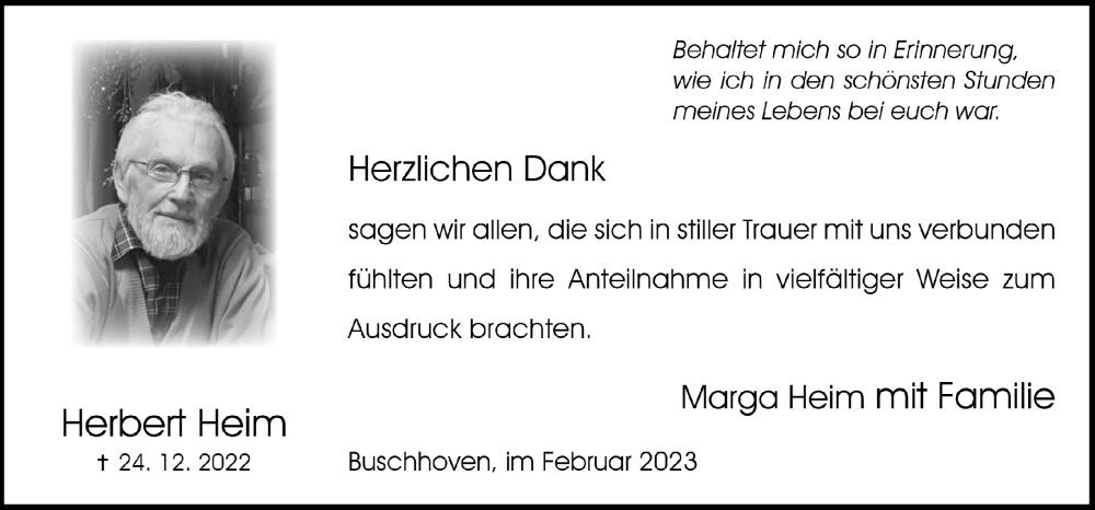  Traueranzeige für Herbert Heim vom 03.02.2023 aus  Schaufenster/Blickpunkt 