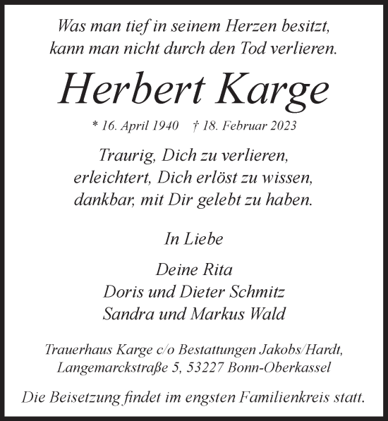 Anzeige von Herbert Karge von  Extra Blatt 