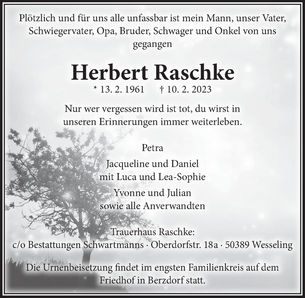  Traueranzeige für Herbert Raschke vom 24.02.2023 aus  Schlossbote/Werbekurier 