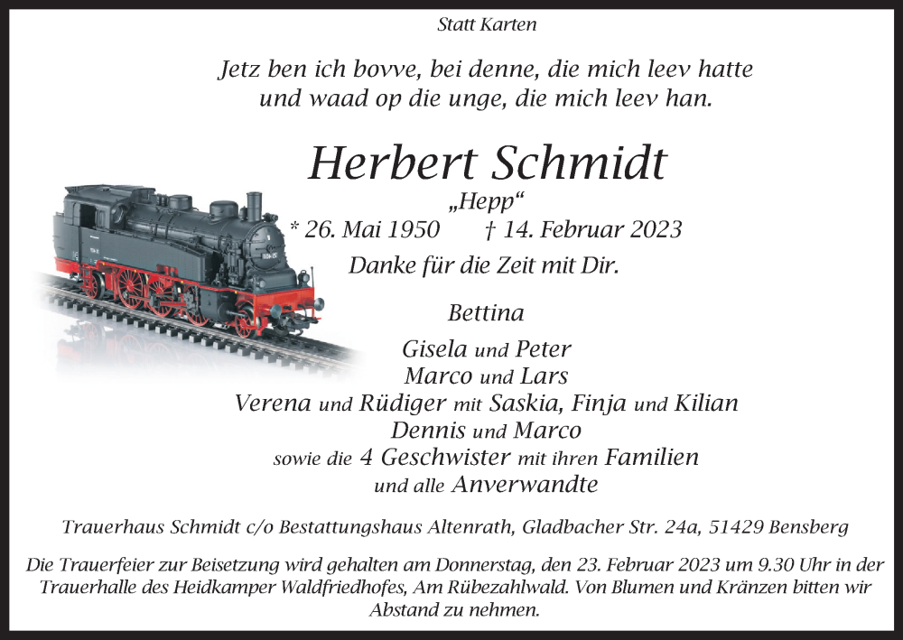  Traueranzeige für Herbert Schmidt vom 18.02.2023 aus Kölner Stadt-Anzeiger / Kölnische Rundschau / Express
