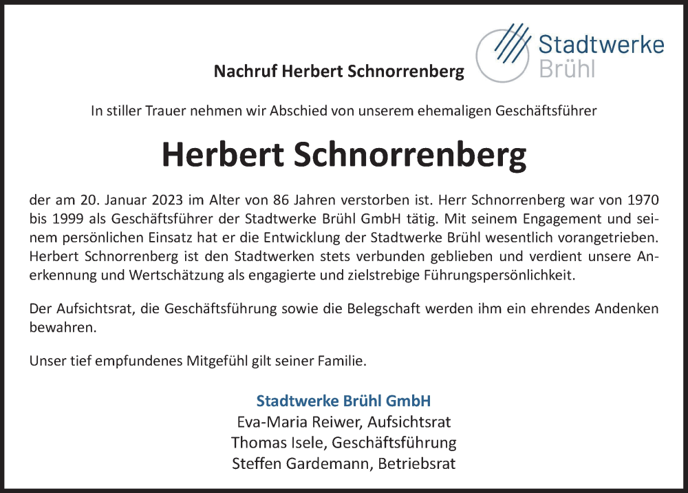  Traueranzeige für Herbert Schnorrenberg vom 10.02.2023 aus  Schlossbote/Werbekurier 
