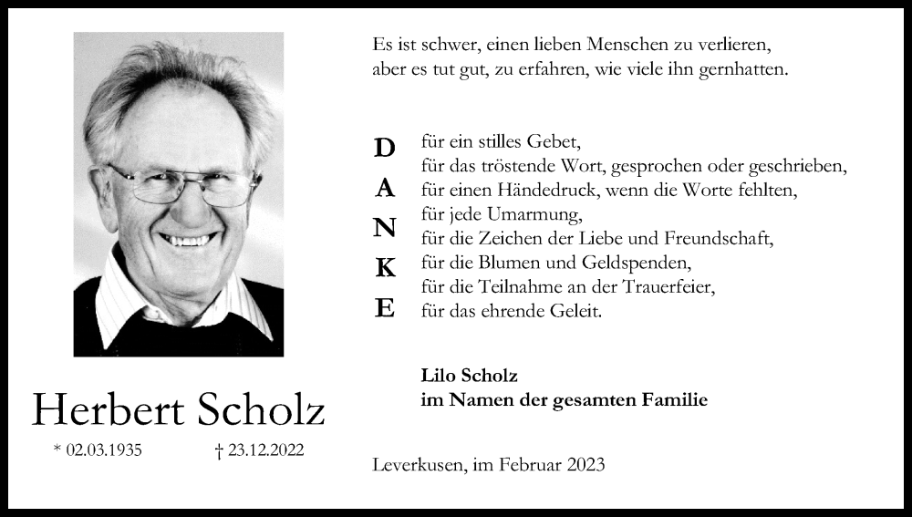  Traueranzeige für Herbert Scholz vom 04.02.2023 aus Kölner Stadt-Anzeiger / Kölnische Rundschau / Express