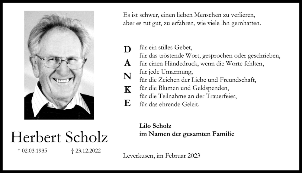 Traueranzeige für Herbert Scholz vom 03.02.2023 aus  Lokale Informationen 
