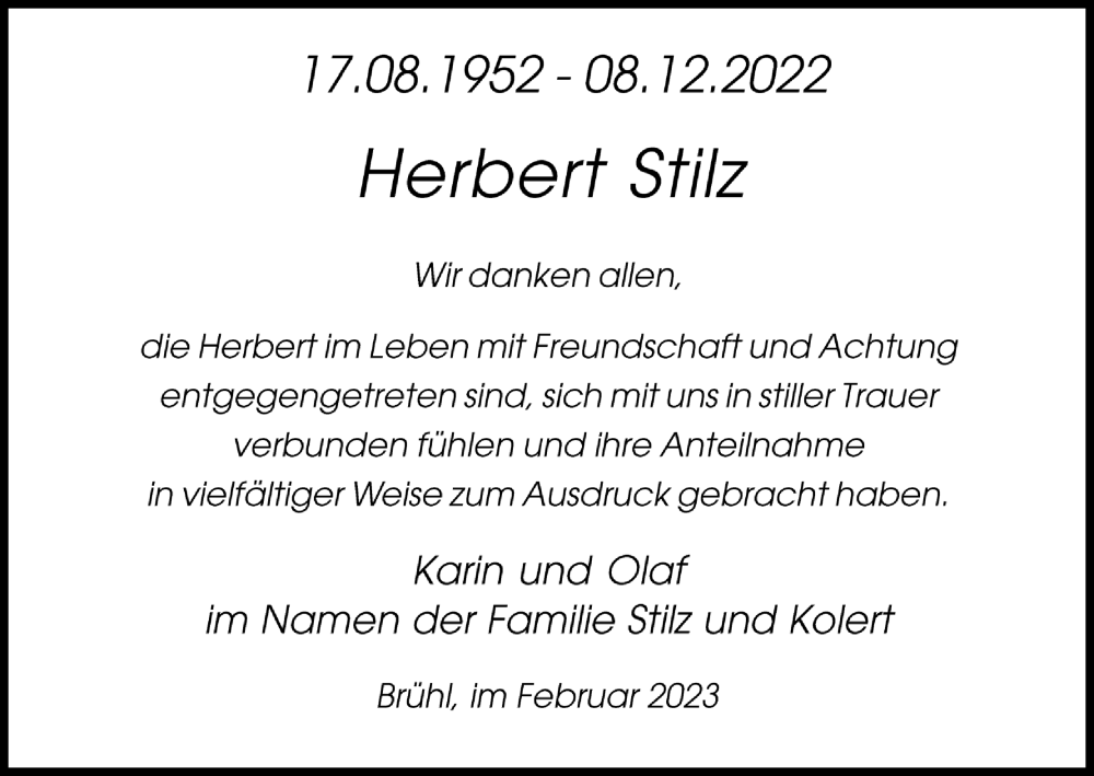  Traueranzeige für Herbert Stilz vom 18.07.2023 aus Kölner Stadt-Anzeiger / Kölnische Rundschau / Express