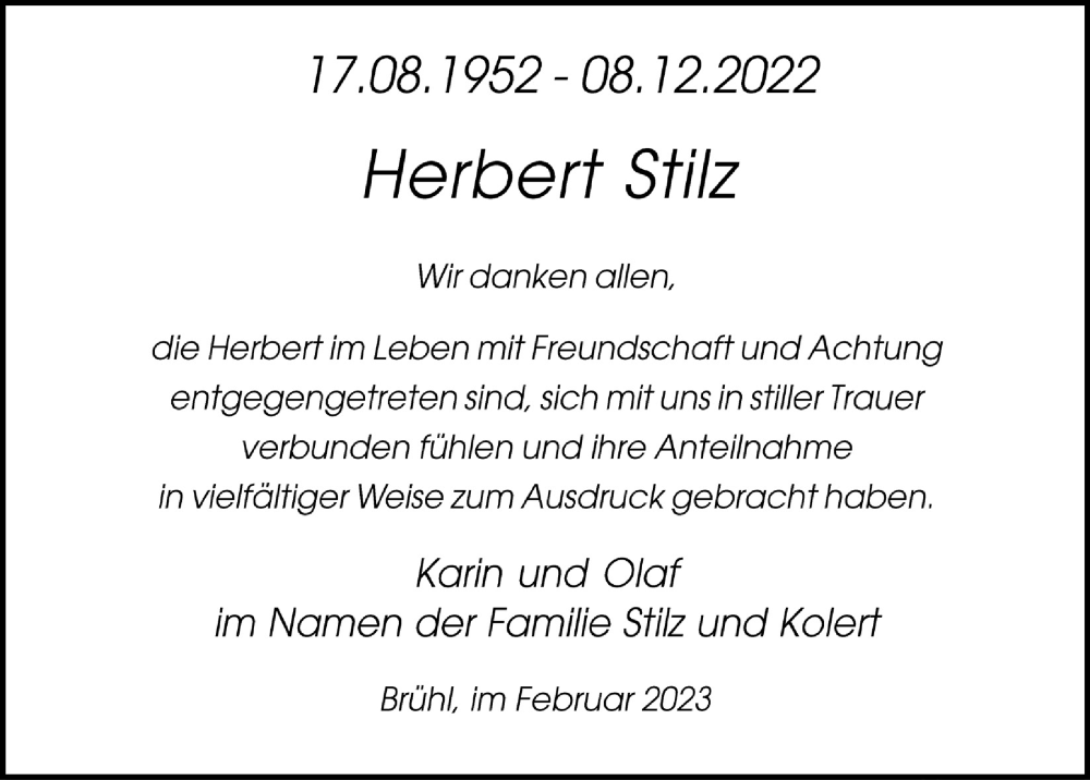  Traueranzeige für Herbert Stilz vom 18.07.2023 aus  Schlossbote/Werbekurier 