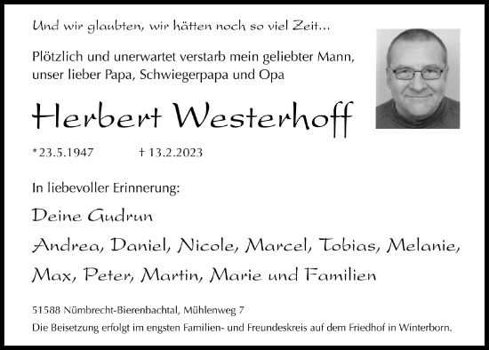 Anzeige von Herbert Westerhoff von  Lokalanzeiger 