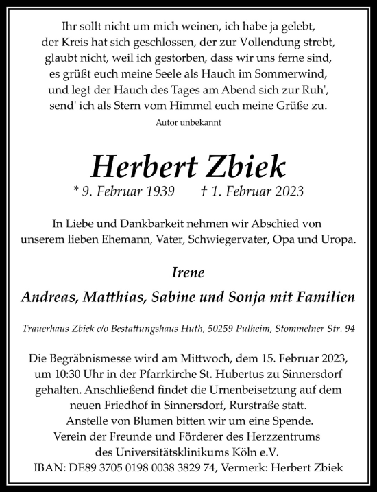 Anzeige von Herbert Zbiek von  Wochenende 
