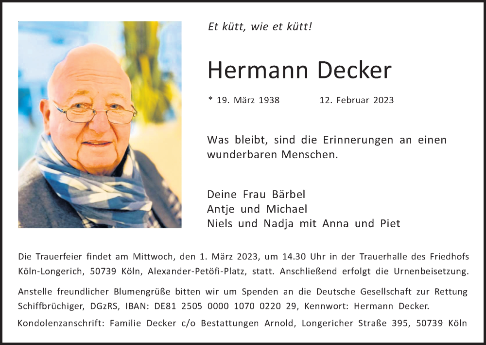  Traueranzeige für Hermann Decker vom 25.02.2023 aus Kölner Stadt-Anzeiger / Kölnische Rundschau / Express
