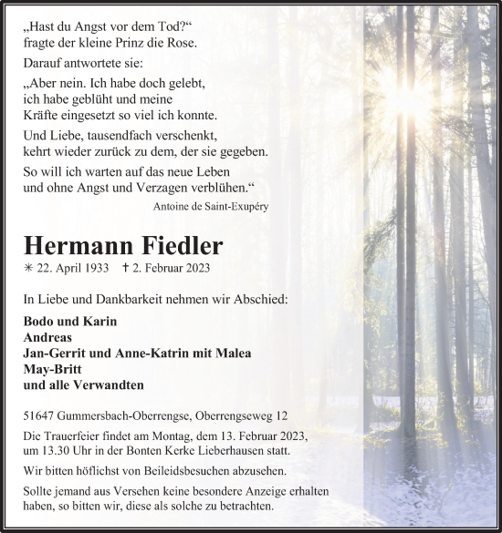 Anzeige von Hermann Fiedler von Kölner Stadt-Anzeiger / Kölnische Rundschau / Express