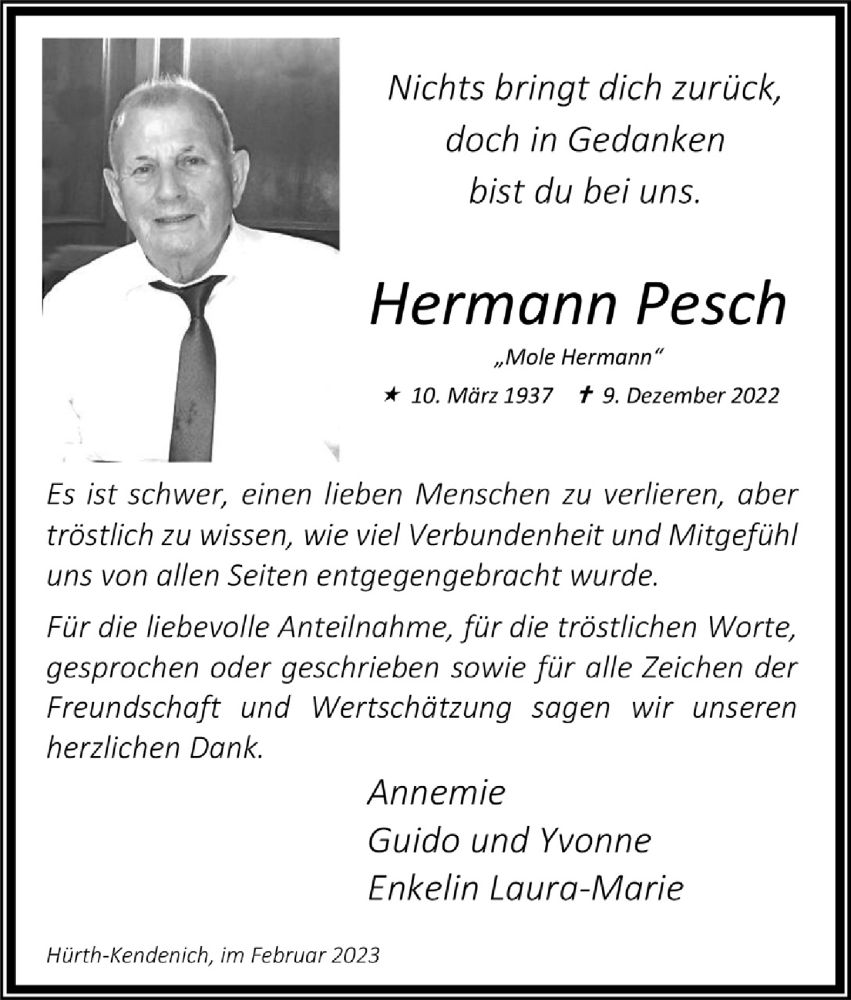  Traueranzeige für Hermann Pesch vom 03.02.2023 aus  Wochenende 