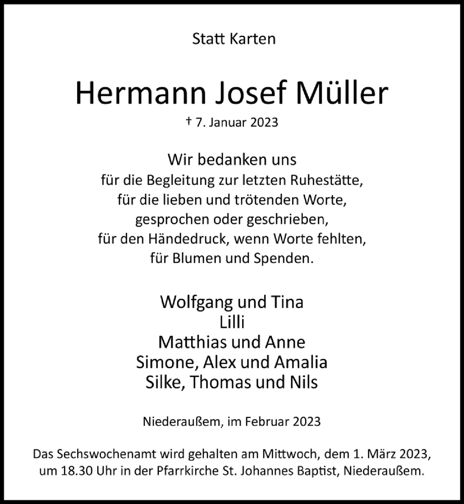  Traueranzeige für Hermann Josef Müller vom 24.02.2023 aus  Werbepost 