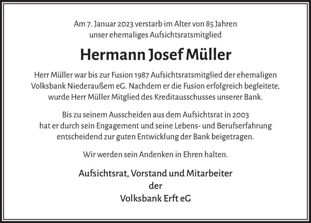  Traueranzeige für Hermann Josef Müller vom 03.02.2023 aus  Werbepost 