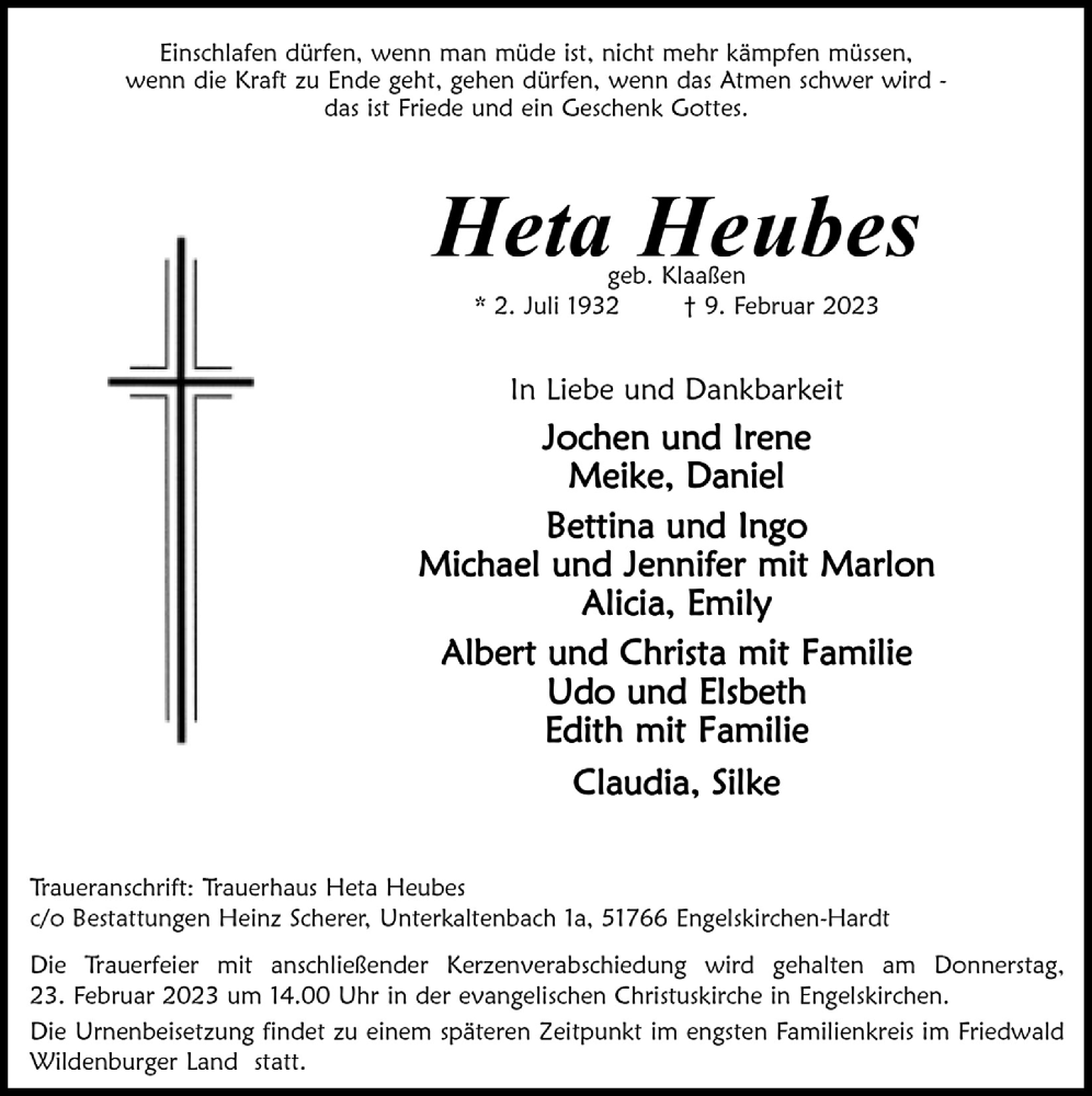  Traueranzeige für Heta Heubes vom 17.02.2023 aus  Anzeigen Echo 