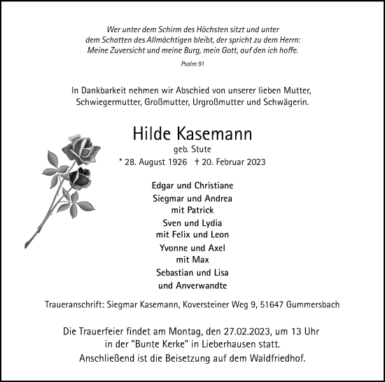 Anzeige von Hilde Kasemann von Kölner Stadt-Anzeiger / Kölnische Rundschau / Express