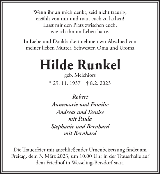 Anzeige von Hilde Runkel von  Schlossbote/Werbekurier 