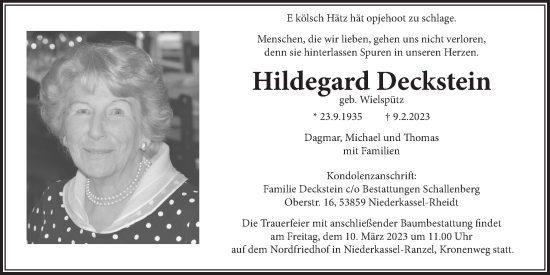 Anzeige von Hildegard Deckstein von  Blickpunkt Euskirchen 