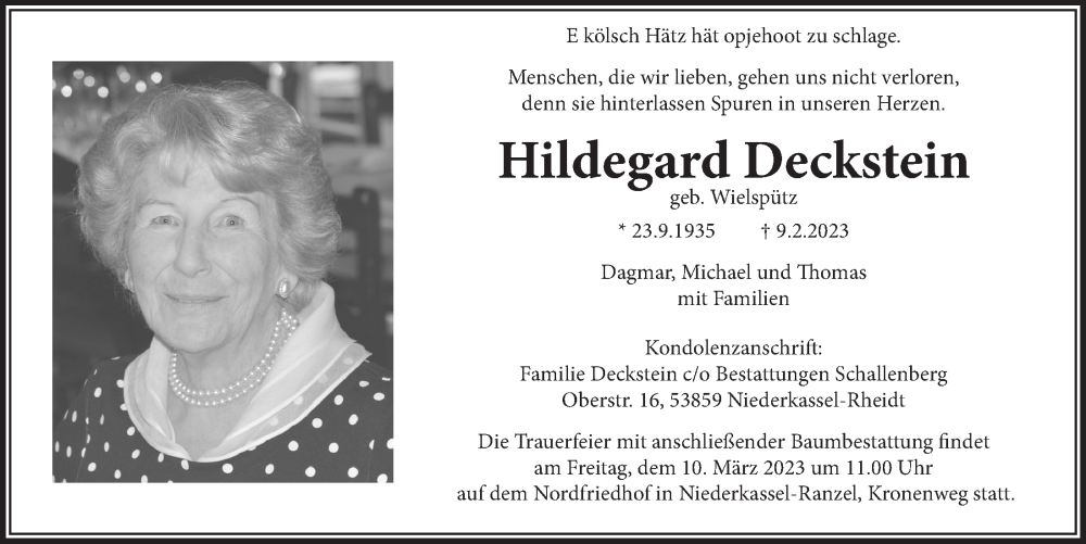  Traueranzeige für Hildegard Deckstein vom 18.02.2023 aus  Blickpunkt Euskirchen 