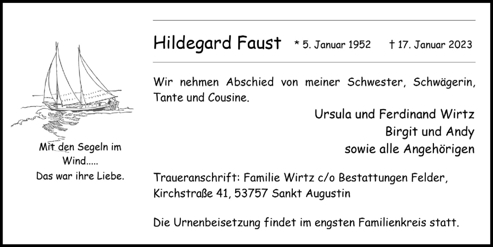  Traueranzeige für Hildegard Faust vom 03.02.2023 aus  Extra Blatt 