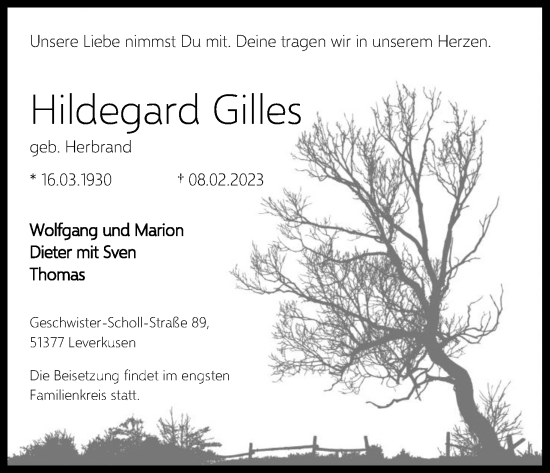 Anzeige von Hildegard Gilles von Kölner Stadt-Anzeiger / Kölnische Rundschau / Express