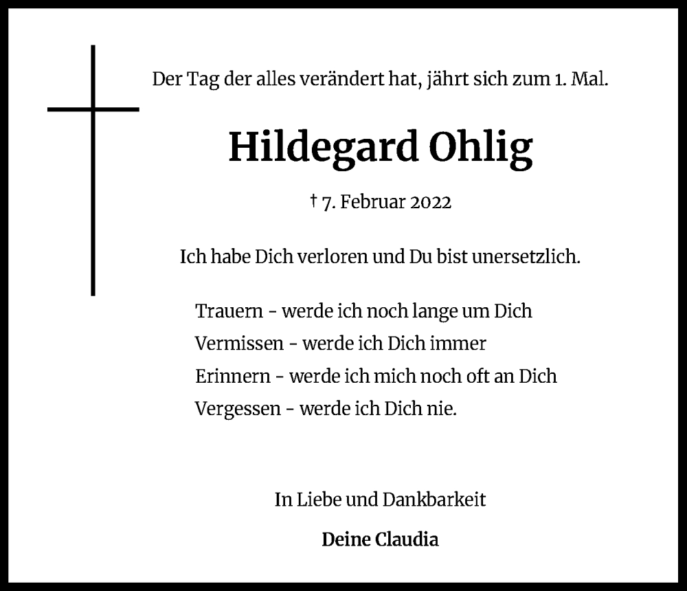  Traueranzeige für Hildegard Ohlig vom 07.02.2023 aus Kölner Stadt-Anzeiger / Kölnische Rundschau / Express