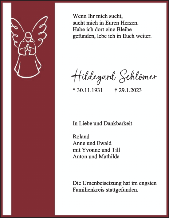 Anzeige von Hildegard Schlömer von Kölner Stadt-Anzeiger / Kölnische Rundschau / Express