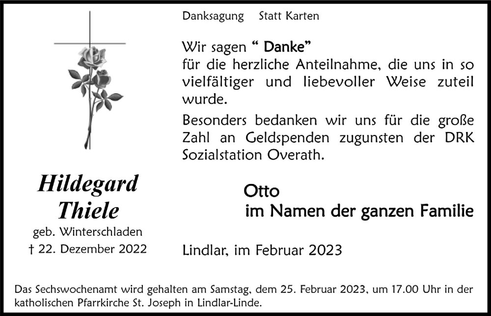  Traueranzeige für Hildegard Thiele vom 17.02.2023 aus  Bergisches Handelsblatt  Anzeigen Echo 