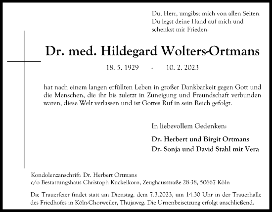 Anzeige von Hildegard Wolters-Ortmans von Kölner Stadt-Anzeiger / Kölnische Rundschau / Express