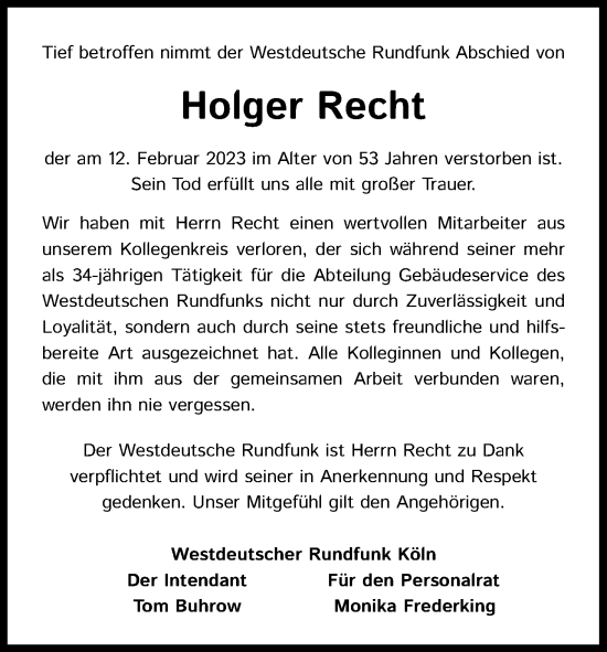 Anzeige von Holger Recht von Kölner Stadt-Anzeiger / Kölnische Rundschau / Express