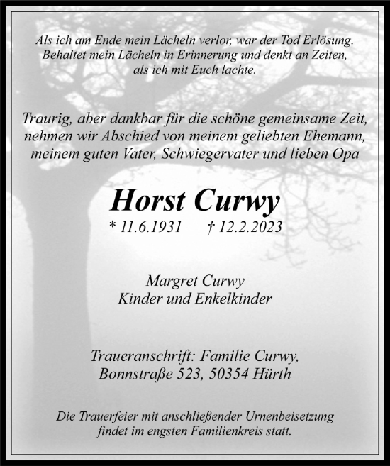 Anzeige von Horst Curwy von  Wochenende 