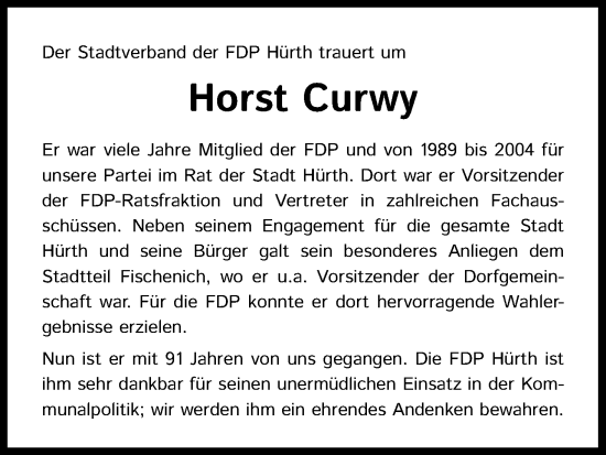 Anzeige von Horst Curwy von Kölner Stadt-Anzeiger / Kölnische Rundschau / Express