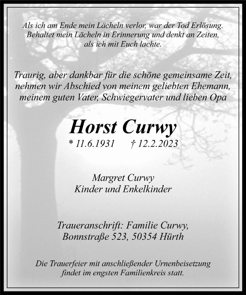  Traueranzeige für Horst Curwy vom 24.02.2023 aus  Wochenende 