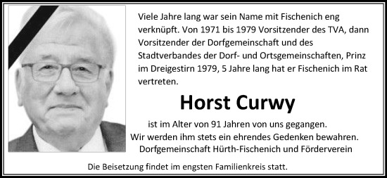 Anzeige von Horst Curwy von Kölner Stadt-Anzeiger / Kölnische Rundschau / Express