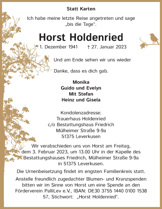 Anzeige von Horst Holdenried von Kölner Stadt-Anzeiger / Kölnische Rundschau / Express
