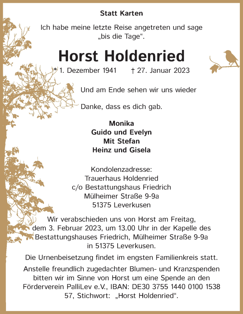  Traueranzeige für Horst Holdenried vom 01.02.2023 aus Kölner Stadt-Anzeiger / Kölnische Rundschau / Express