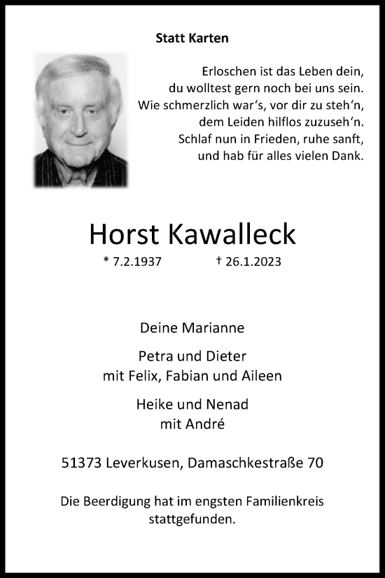 Anzeige von Horst Kawalleck von Kölner Stadt-Anzeiger / Kölnische Rundschau / Express
