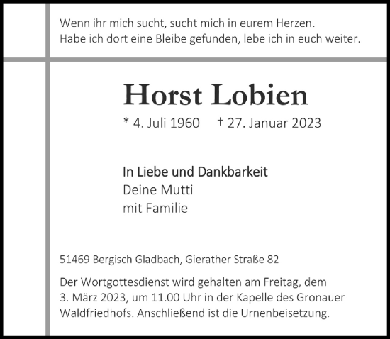 Anzeige von Horst Lobien von  Bergisches Handelsblatt 